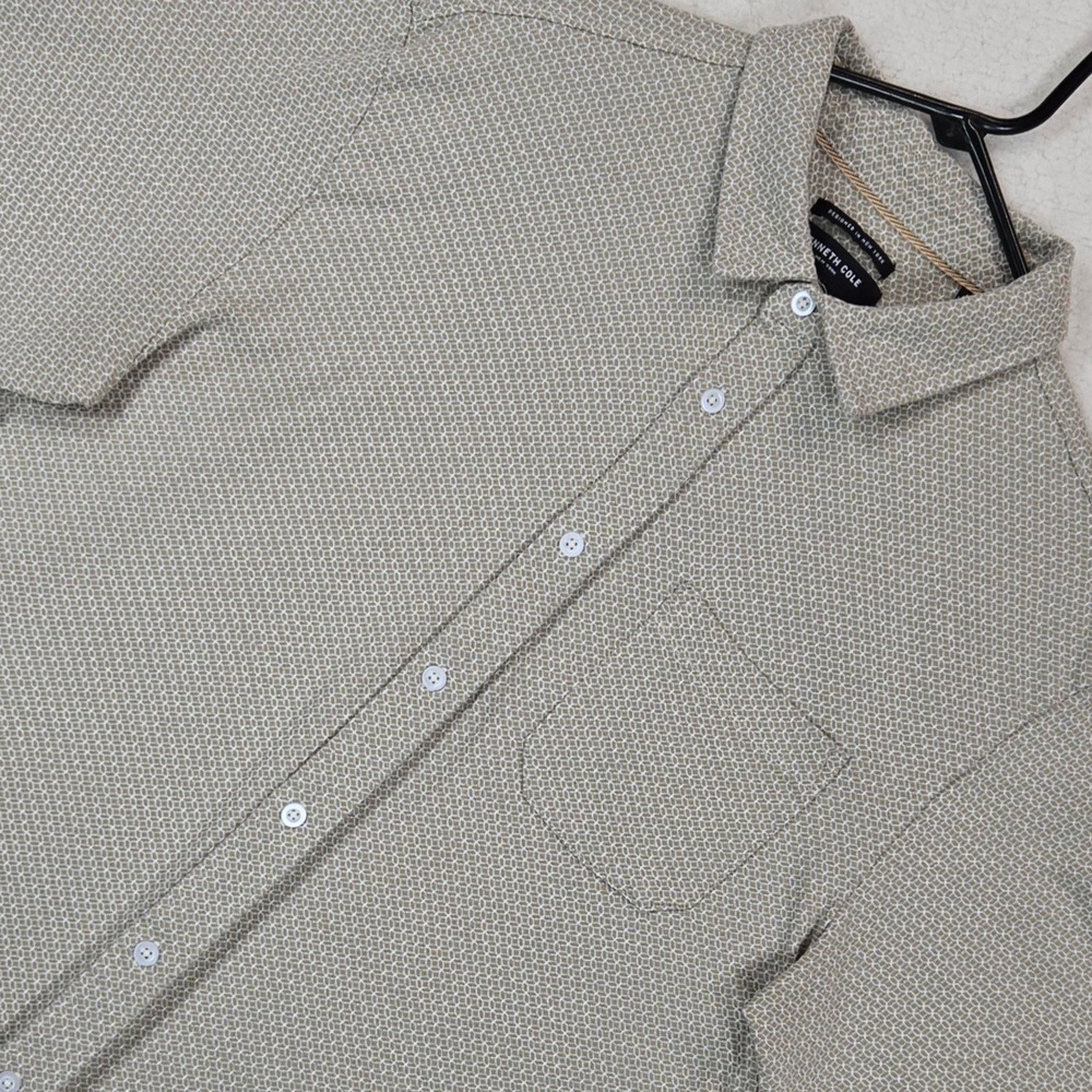 Kenneth Cole New York Men‎ L Tan Knit Button Up Shirt Geometric Cotton